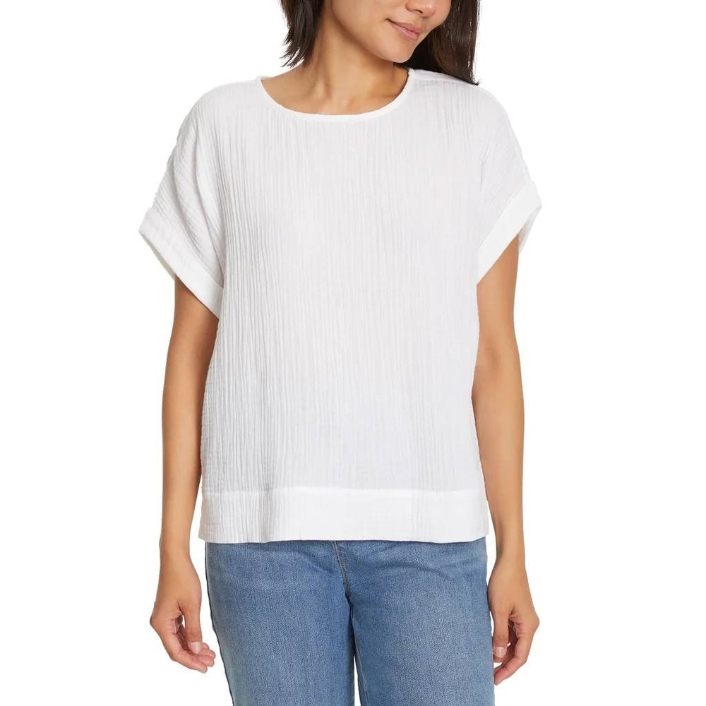 GLORIA VANDERBILT‎ Cotton Gauze Pullover Top Size S White Gauzy Shirt Blouse NWT